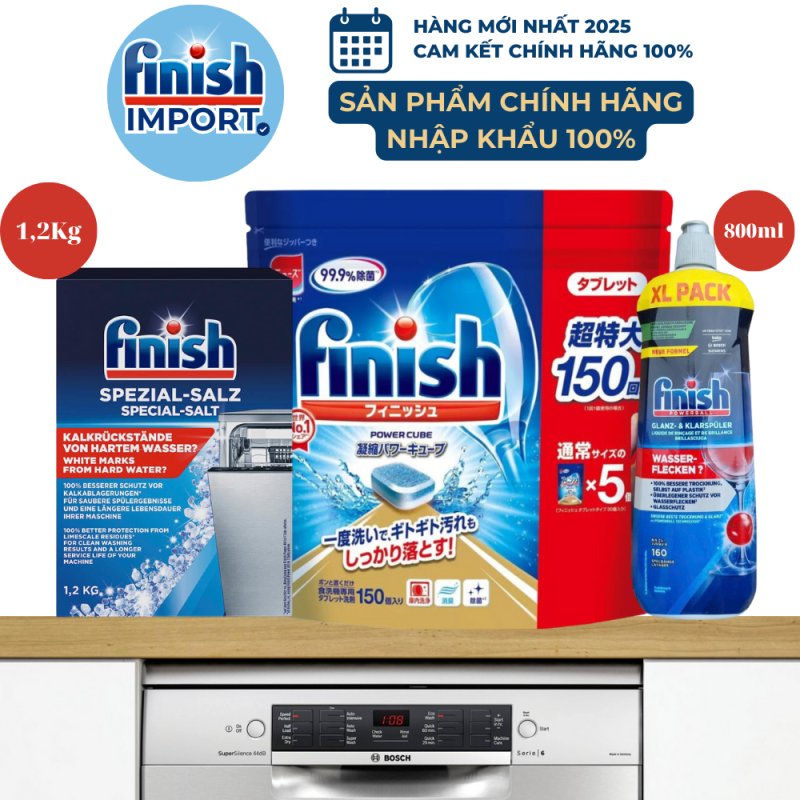 Combo Power Cube Mini: 150 viên Finish Classic + 1,2kg muối Finish + 800ml nước bóng Finish, làm sạch vượt trội, bảo vệ máy rửa chén